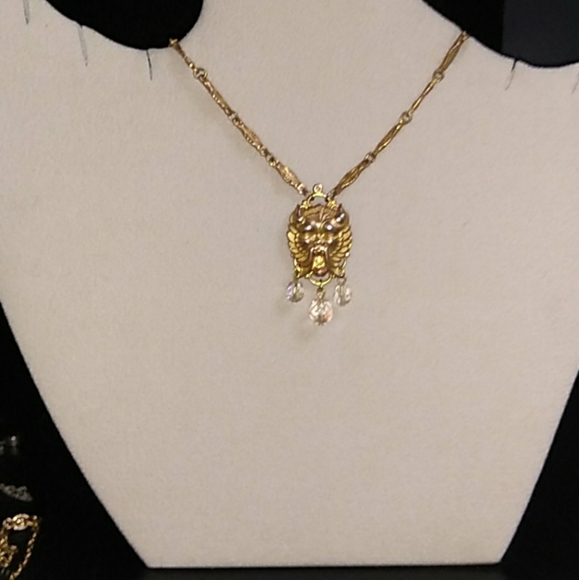 HTF KIRKS FOLLY Mythical Lion Necklace Aurora Borealis Crystal Dangles VINTAGE - Picture 2 of 16